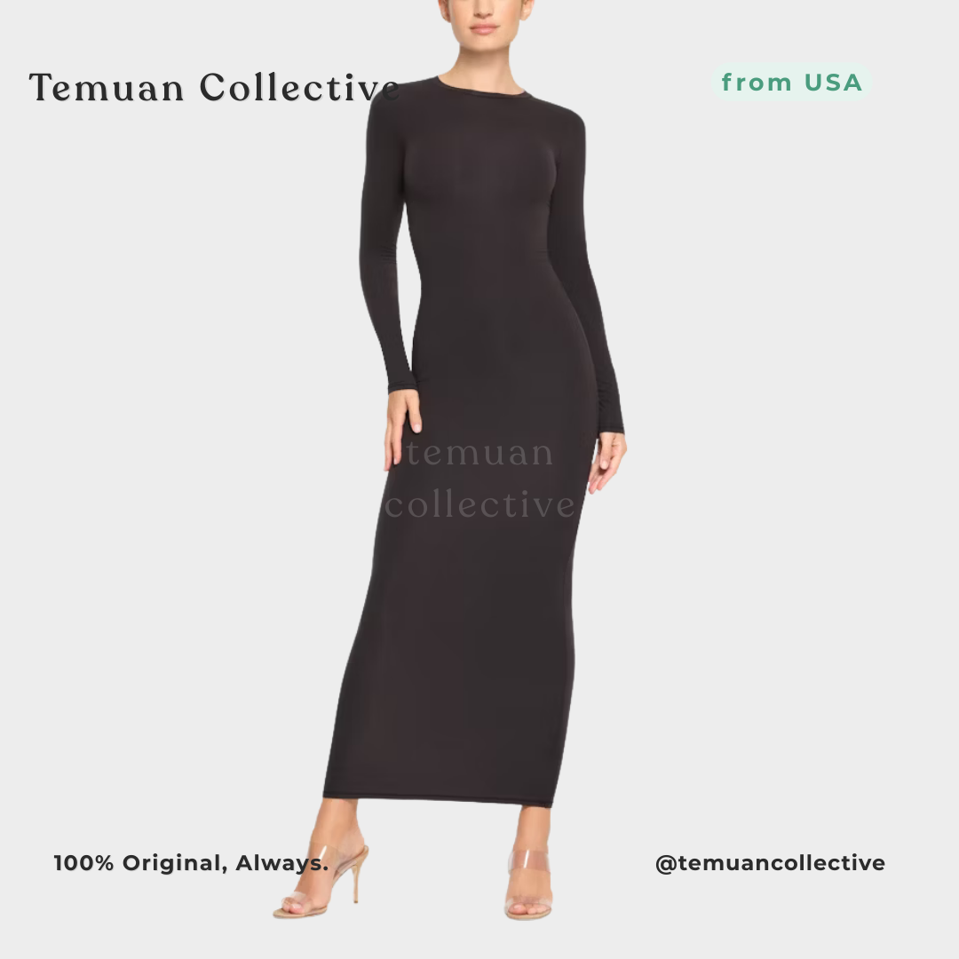 Skims Fits Everybody Crew Neck Long Sleeve Dress onyx
