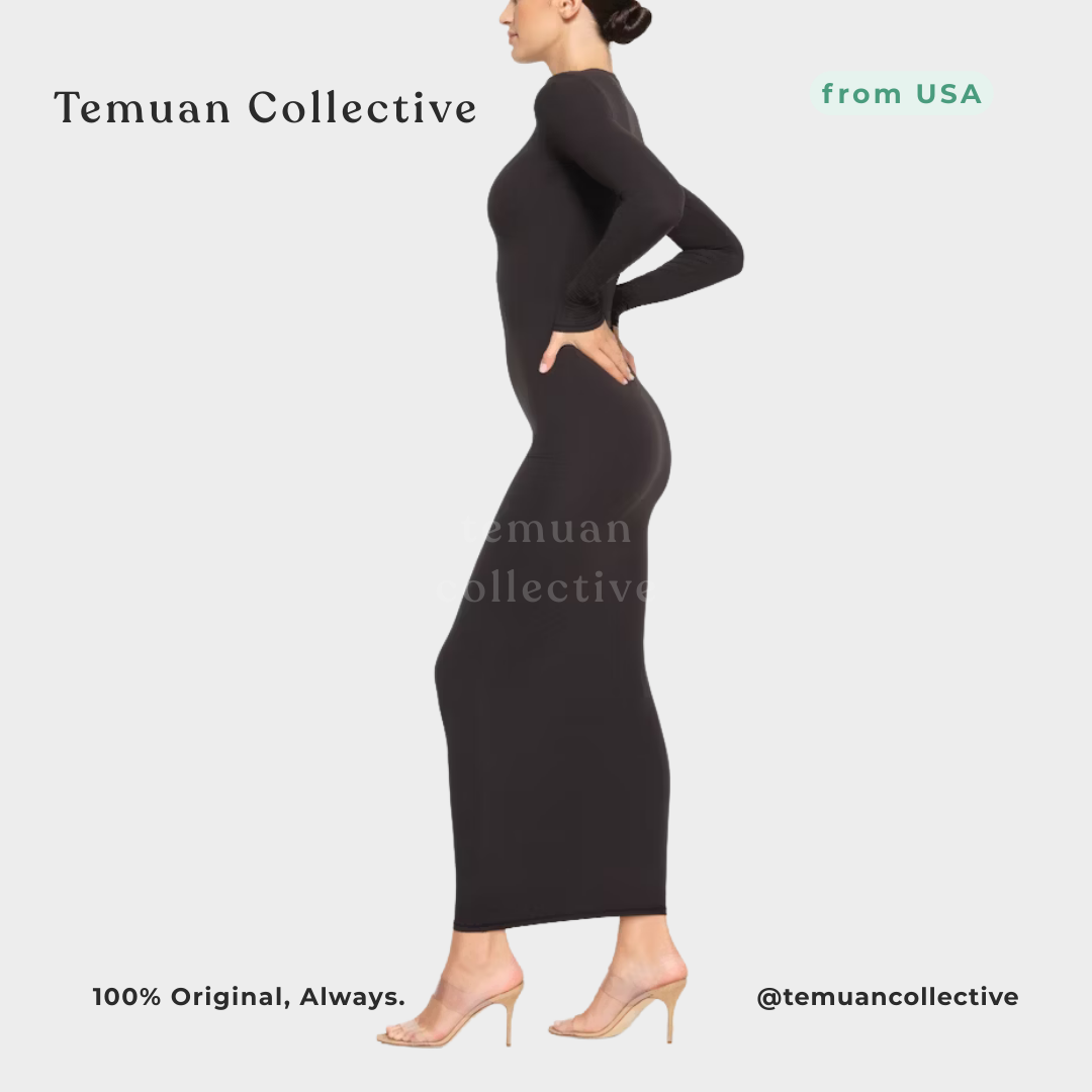 Skims Fits Everybody Crew Neck Long Sleeve Dress onyx