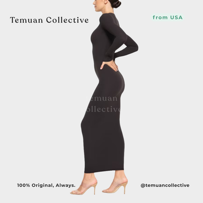 Skims Fits Everybody Crew Neck Long Sleeve Dress onyx