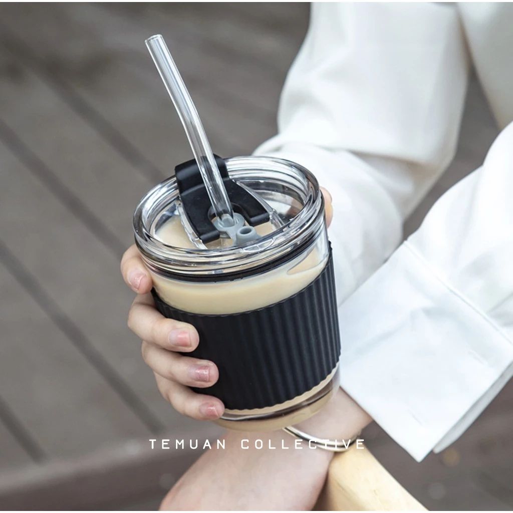 350 ml Coffee Glass Tumbler Anti Leak Transparent Cup with Rubber Sleeve